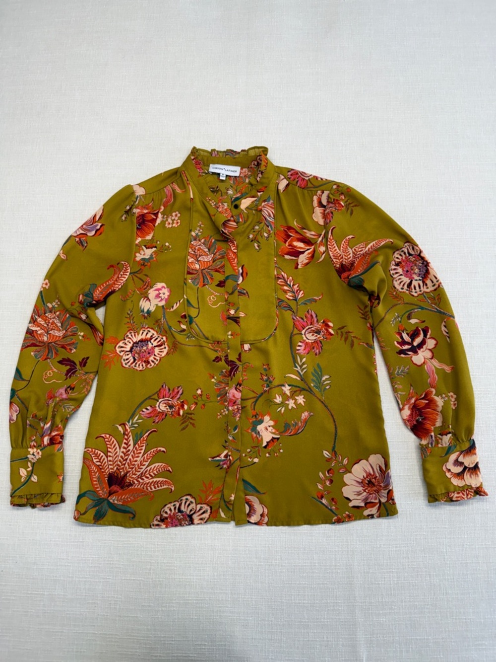 Gibson Latimer Olive Green Floral Button-Front Top with Orange Accents